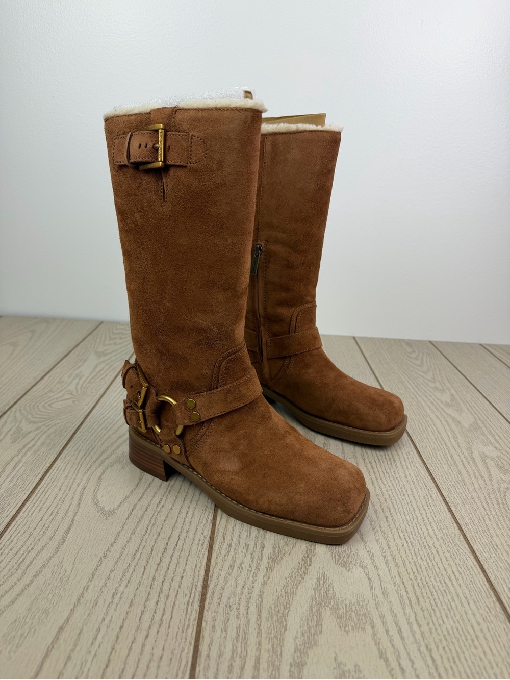 Michael Kors Women's Crosby Moto Boot 6.5M Luggage Waxy Suede (tan/brown) $295
